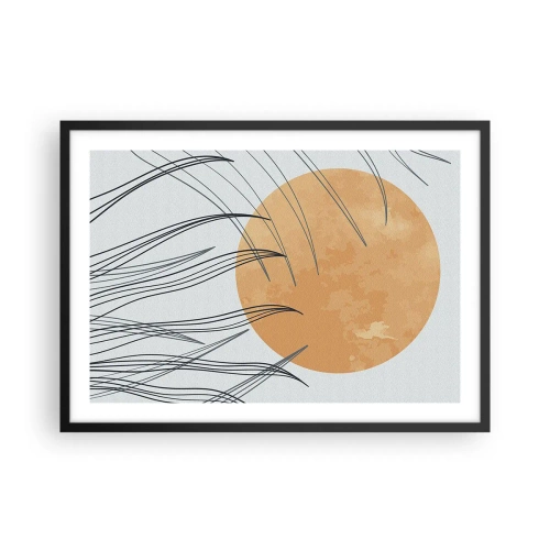 Poster in einem schwarzem Rahmen - Abstrakte Grashalme vor dem Hintergrund einer großen orangefarbenen Sonne - 70x50cm - Immer der Sonne entgegen - Moderne Wanddekoration für Wohnzimmer und Schlafzimmer ARTTOR