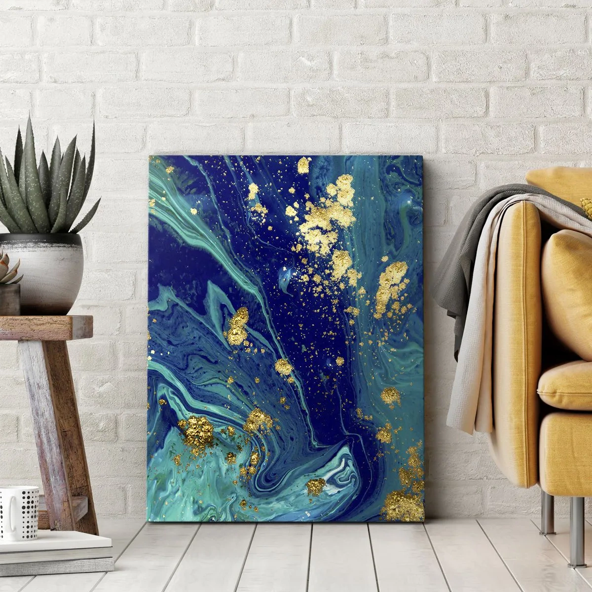 Bild auf Leinwand - Leinwandbild - Eine abstrakte Komposition mit blauen, grünen und goldenen Akzenten. - 80x120cm - Die Blütenblätter der Sonne - Moderne Wanddekoration für Wohnzimmer und Schlafzimmer ARTTOR
