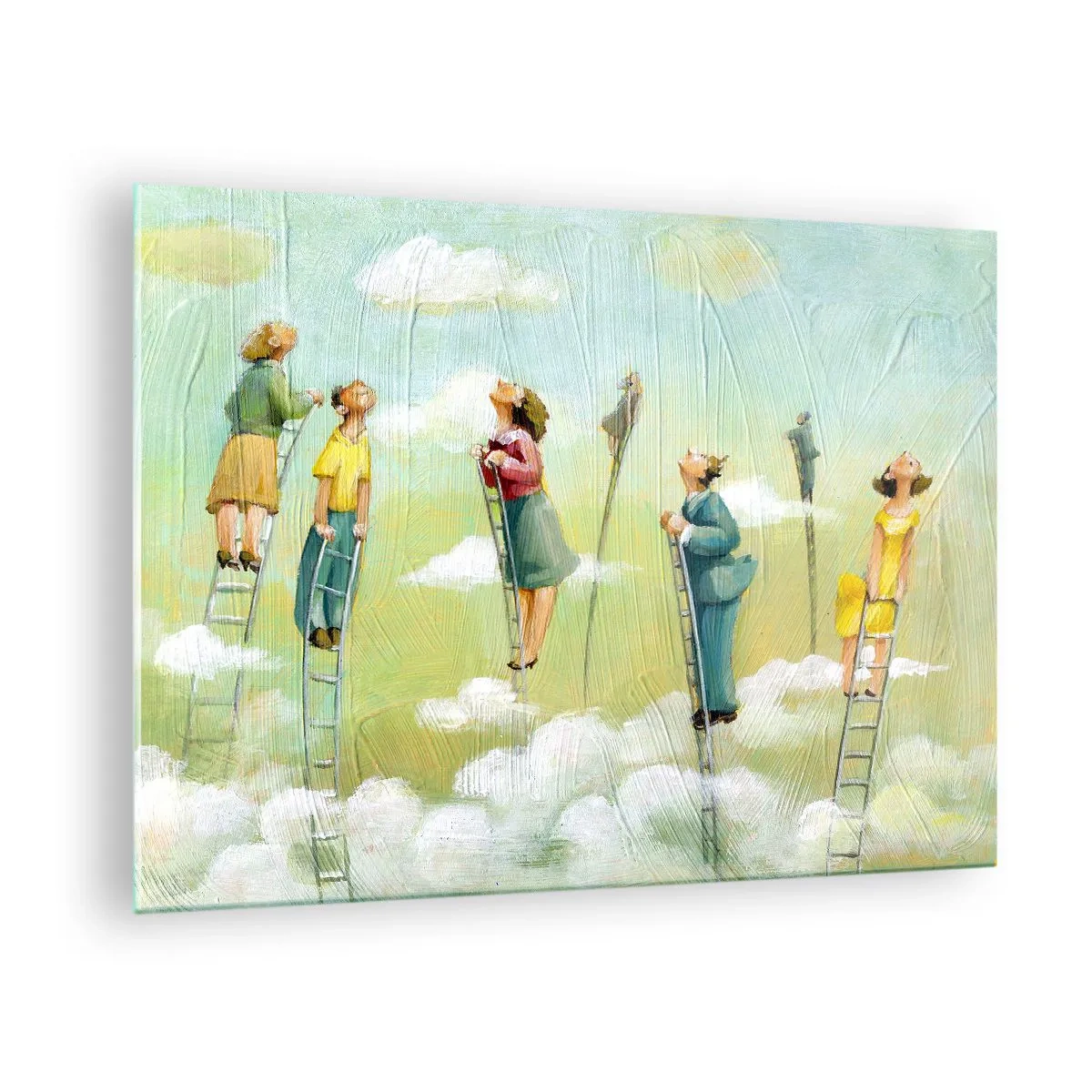 Glasbild - Bild auf glas - Figuren, die Leitern zwischen den Wolken hinaufklettern - 70x50cm - Hinter deinem Traum - Moderne Wanddekoration für Wohnzimmer und Schlafzimmer ARTTOR