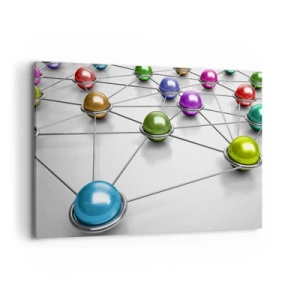 Bild auf Leinwand - Leinwandbild - Bunte Kugeln, die durch dünne Linien auf weißem Hintergrund verbunden sind - 120x80cm - Kosmisches Spinnennetz - Moderne Wanddekoration für Wohnzimmer und Schlafzimmer ARTTOR