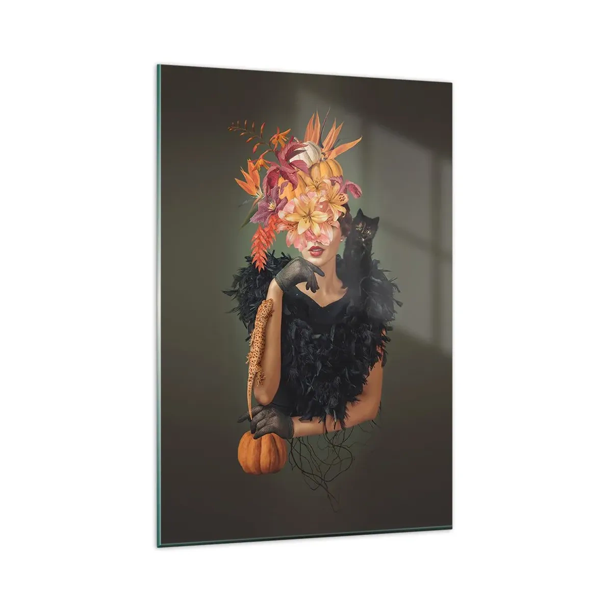 Glasbild - Bild auf glas - Frauenbildnis mit Herbstmotiven und Katze - 80x120cm - Der Zauber einer Hexe - Moderne Wanddekoration für Wohnzimmer und Schlafzimmer ARTTOR