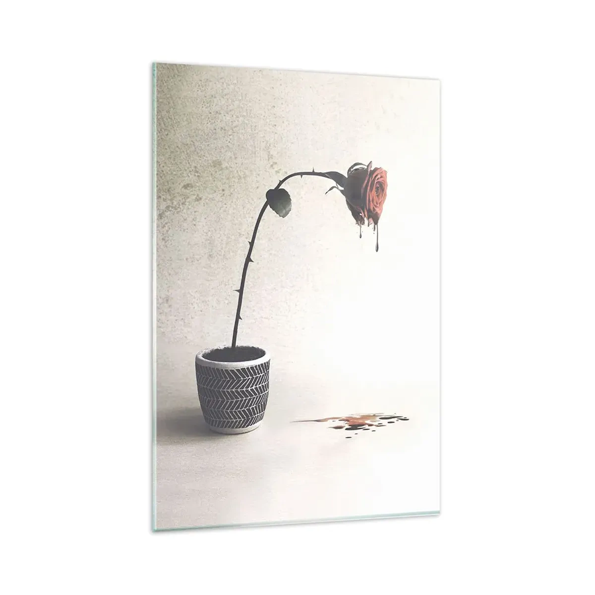 Glasbild - Bild auf glas - Eine rote Rose in einem Topf mit Farbtropfen auf weißem Hintergrund - 80x120cm - Rosa dolorosa - Moderne Wanddekoration für Wohnzimmer und Schlafzimmer ARTTOR