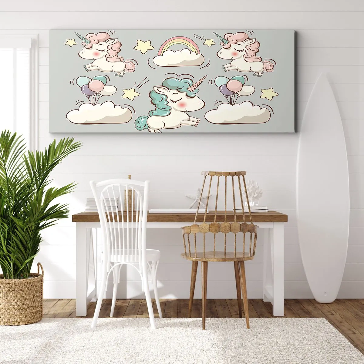 Bild auf Leinwand - Leinwandbild - Niedliche Einhörner auf pastellfarbenem Hintergrund - 160x50cm - Sicherlich gibt es... - Moderne Wanddekoration für Wohnzimmer und Schlafzimmer ARTTOR