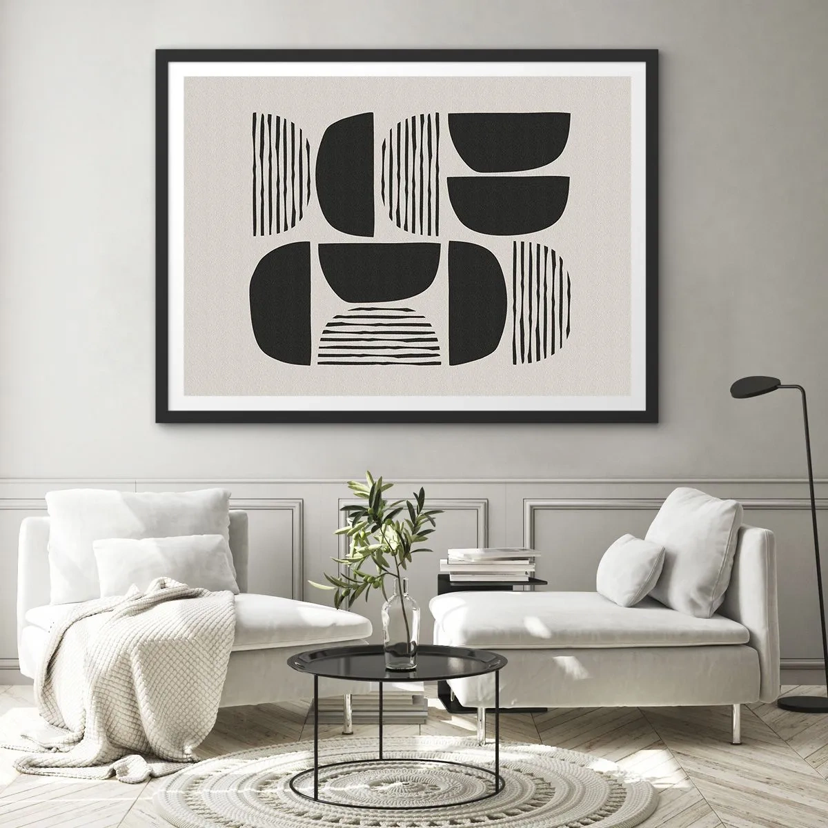 Poster in einem schwarzem Rahmen - Geometrie mit Halbkreisen und Linien in Schwarz auf hellem Hintergrund - 100x70cm - Halbherzige Deals - Moderne Wanddekoration für Wohnzimmer und Schlafzimmer ARTTOR
