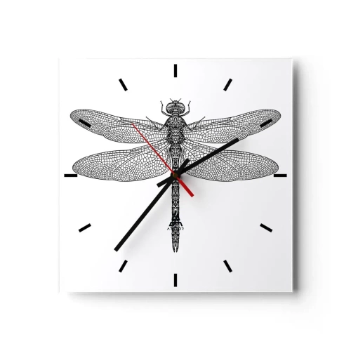 Wanduhr - Glasuhr - Schwarz-weiße Zeichnung einer Libelle auf weißem Hintergrund im minimalistischen Stil - 30x30cm - Präzision der Natur - Moderne Wanddekoration für Wohnzimmer und Schlafzimmer ARTTOR