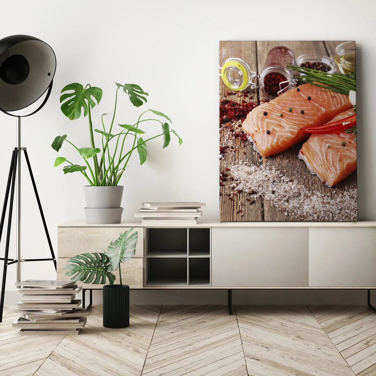 Bild auf Leinwand - Leinwandbild - Lachsfilets mit Gewürzen auf Holzhintergrund - 50x70cm - Norwegisches Abenteuer in der Küche - Moderne Wanddekoration für Wohnzimmer und Schlafzimmer ARTTOR