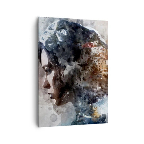 Bild auf Leinwand - Leinwandbild - Porträt einer Frau, die ihr Gesicht mit einer Stadtlandschaft im Hintergrund kombiniert - 50x70cm - Eine Geschichte über ein Mädchen mit einer Stadt im Hintergrund - Moderne Wanddekoration für Wohnzimmer und Schlafzimmer