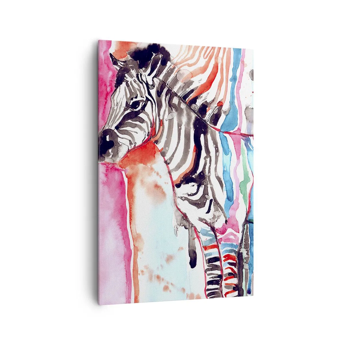 Bild auf Leinwand - Leinwandbild - Ein buntes Zebra vor einem Hintergrund aus abstrakten Aquarellmustern - 80x120cm - Unbeschwerter Witz der Natur - Moderne Wanddekoration für Wohnzimmer und Schlafzimmer ARTTOR