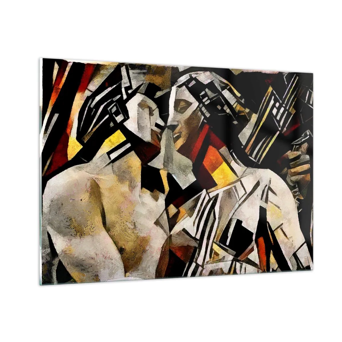 Glasbild - Bild auf glas - Abstraktes Paar in geometrischen Mustern - 100x70cm - Ein statuenhafter Kuss - Moderne Wanddekoration für Wohnzimmer und Schlafzimmer ARTTOR
