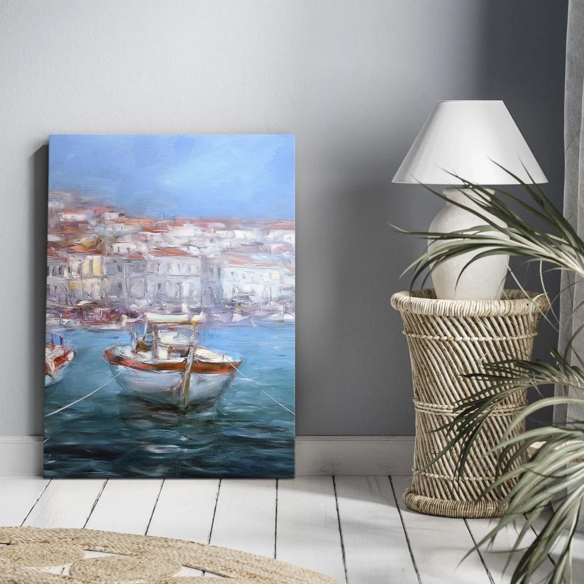 Bild auf Leinwand - Leinwandbild - Boote in einer malerischen italienischen Bucht - 50x70cm - Italienische Bucht - Moderne Wanddekoration für Wohnzimmer und Schlafzimmer ARTTOR