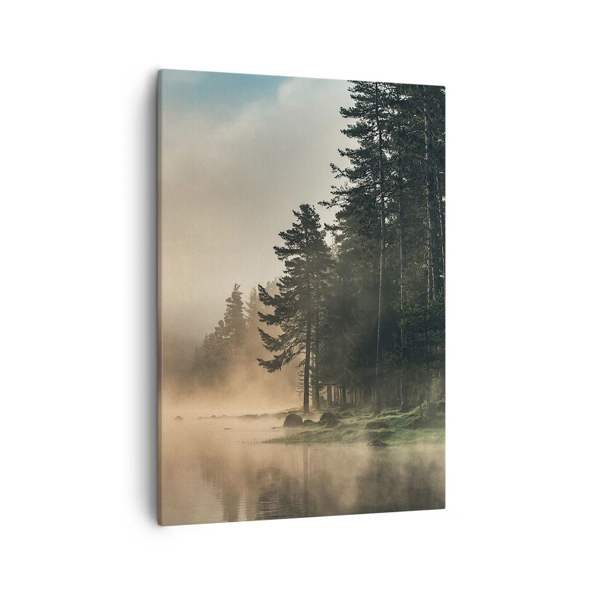 Bild auf Leinwand - Leinwandbild - Ein nebliger Wald über einem ruhigen See - 50x70cm - Die Geburt des Tages - Moderne Wanddekoration für Wohnzimmer und Schlafzimmer ARTTOR