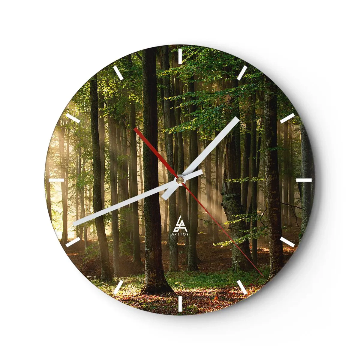 Wanduhr - Glasuhr - Sonnenstrahlen scheinen durch die Bäume im Wald - 30x30cm - Strahlend an einem Frühlingsmorgen - Moderne Wanddekoration für Wohnzimmer, Küche und Schlafzimmer ARTTOR