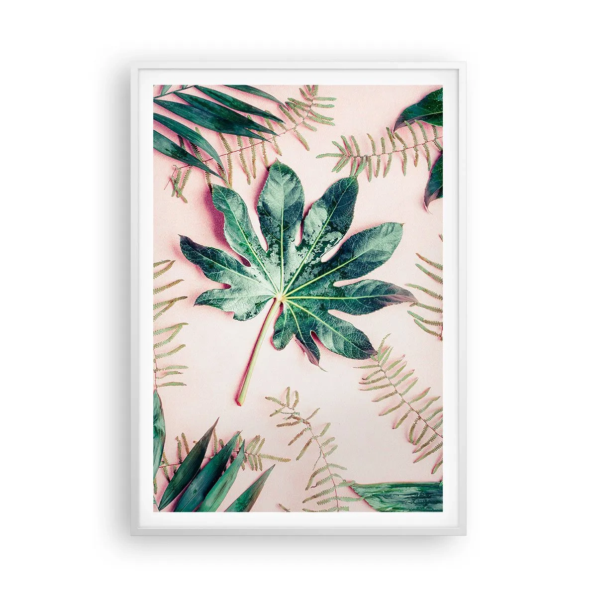 Poster in einem weißen Rahmen - Eine Studie von Grün auf einem rosa Hintergrund - 70x100 cm