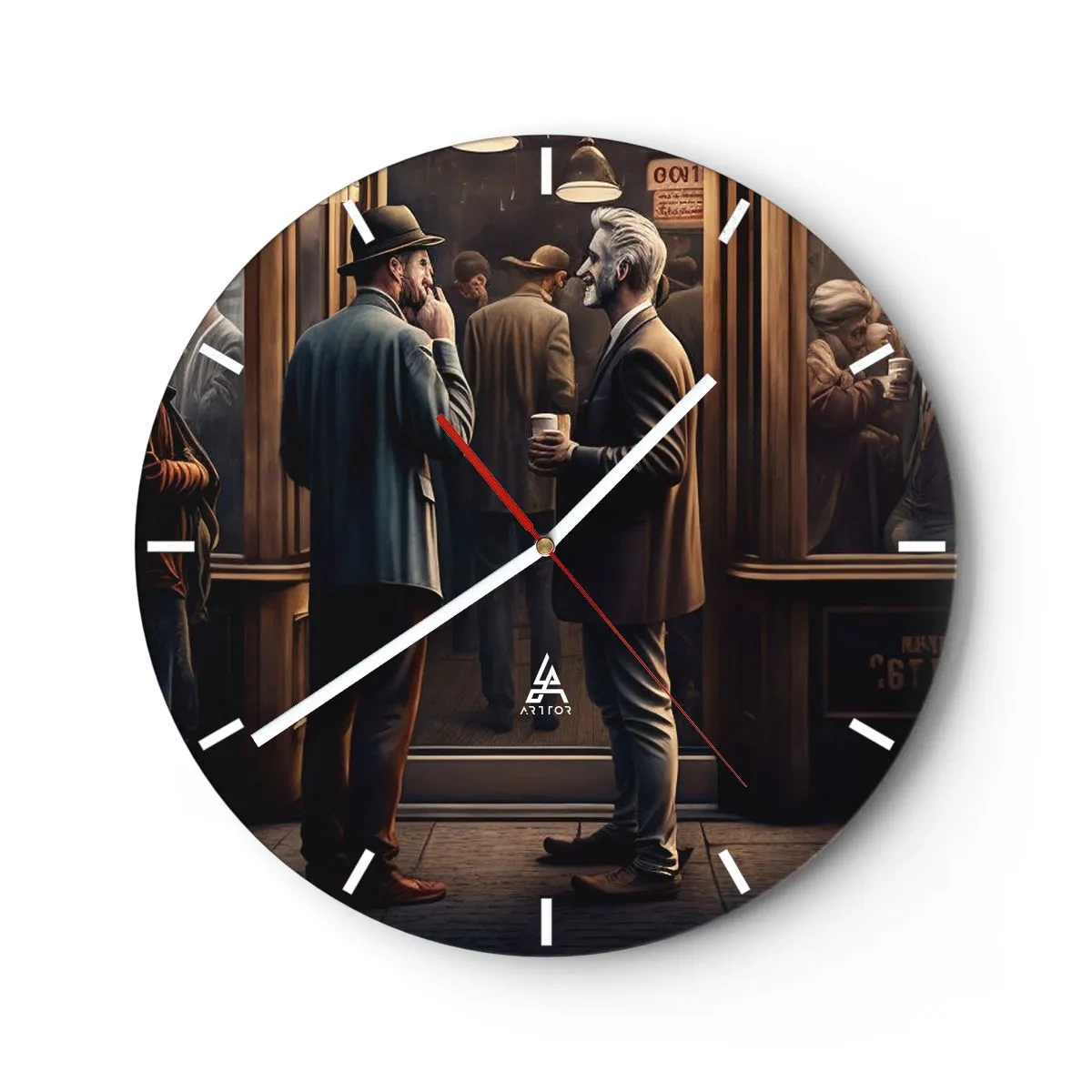 Wanduhr - Glasuhr - Zwei Männer unterhalten sich bei einer Tasse Kaffee vor einem Café - 30x30cm - Gute Zeit des Tages - Moderne Wanddekoration für Wohnzimmer, Küche und Schlafzimmer ARTTOR