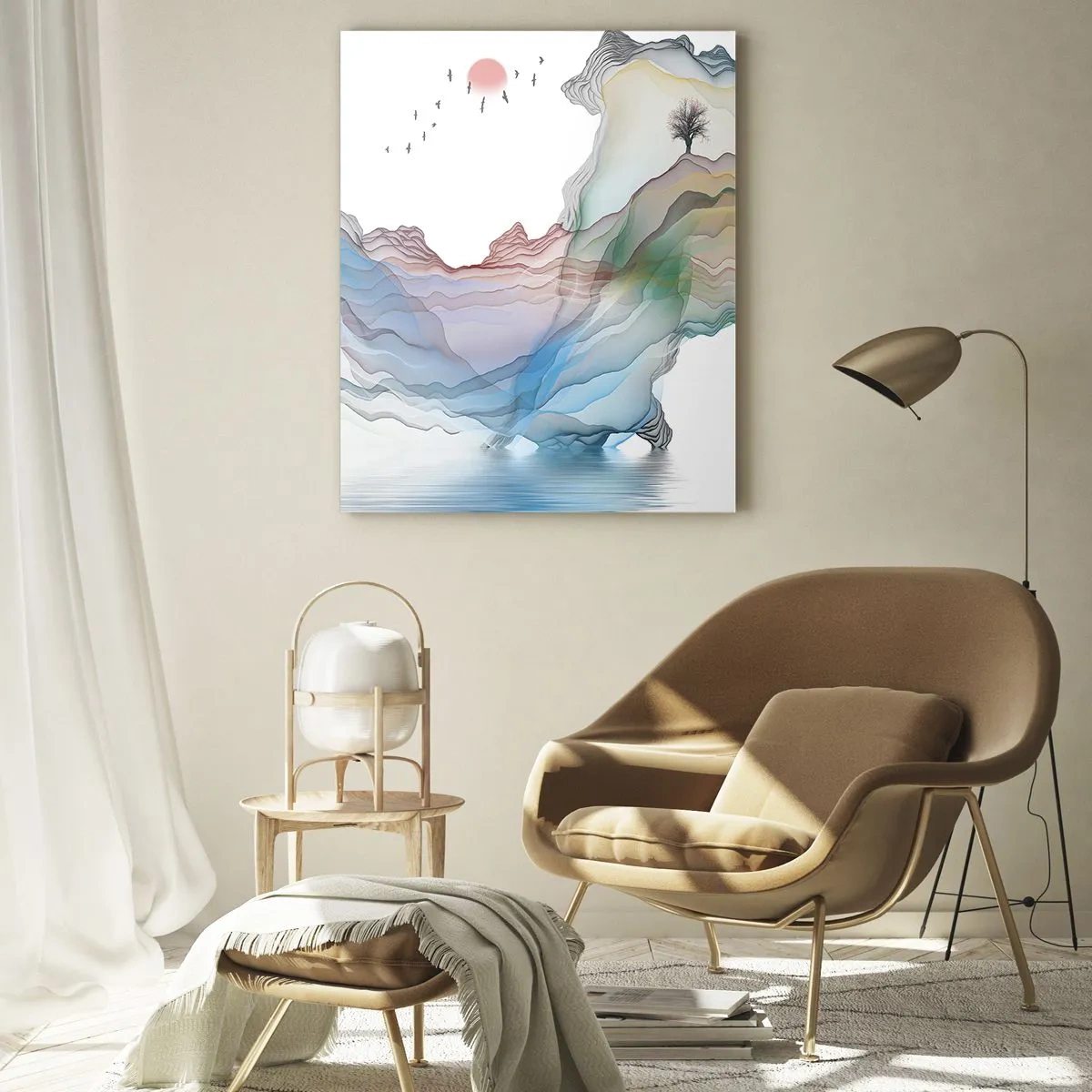 Glasbild - Bild auf glas - Eine subtile Landschaft mit Bergen, Wasser und einem Boot - 80x120cm - Zu den Kristallbergen - Moderne Wanddekoration für Wohnzimmer und Schlafzimmer ARTTOR