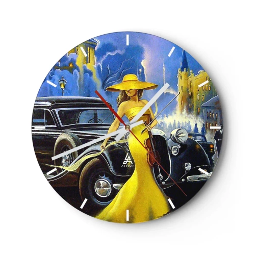 Wanduhr - Glasuhr - Eine Frau in einem gelben Kleid mit einer Geige neben einem Oldtimer. - 30x30cm - Nocturne für Violine und Liebe - Moderne Wanddekoration für Wohnzimmer, Küche und Schlafzimmer ARTTOR
