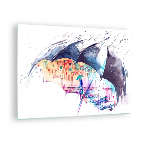 Glasbild - Bild auf glas - Eine bunte Stadt im Hintergrund unter einem schwarzen Regenschirm - 70x50cm - Im Regen spazieren gehen - Moderne Wanddekoration für Wohnzimmer und Schlafzimmer ARTTOR