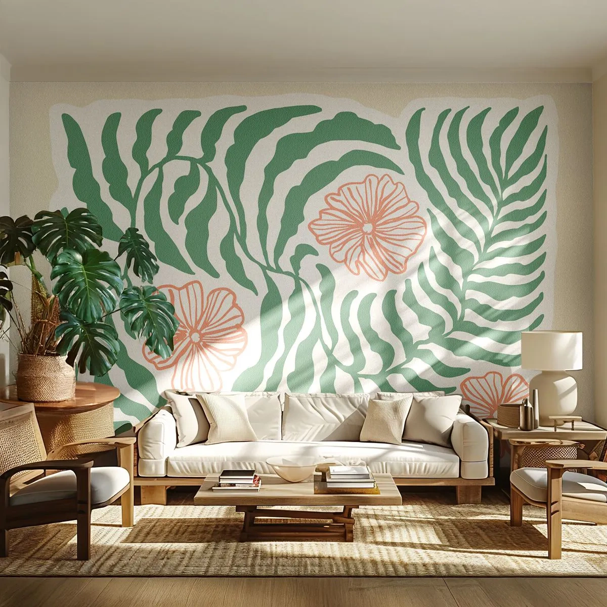 Fototapete Premium Canvas - Aufgeblüht in Grün - Boho, Botanisch, Blumen - 150x105 cm