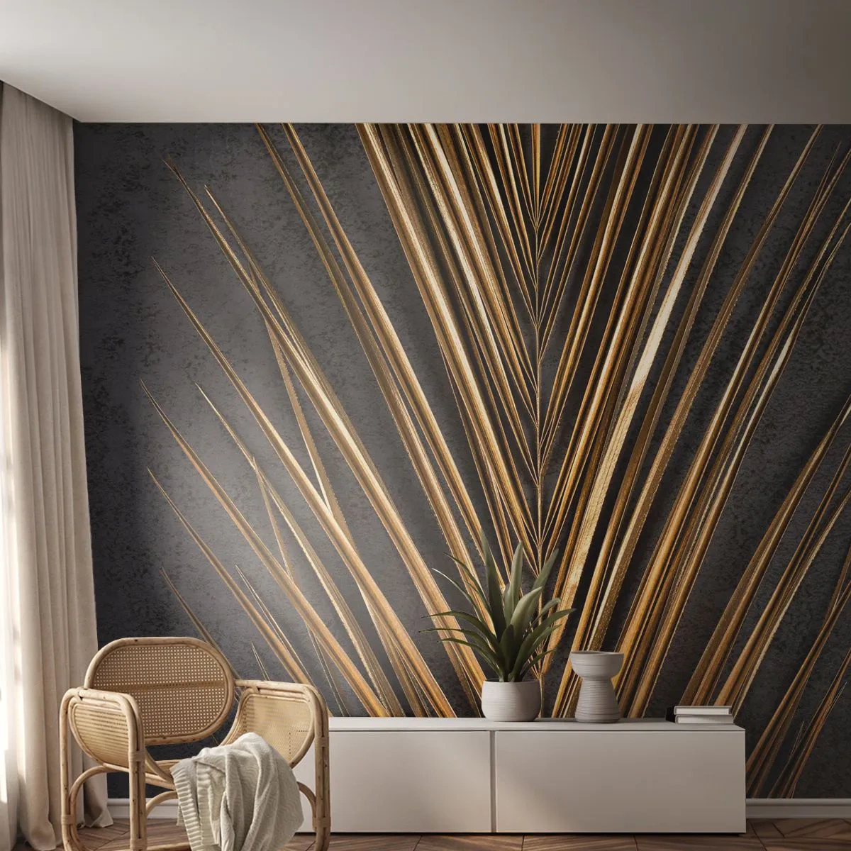 Fototapete Premium Sand - Goldenes Palmblatt auf dunklem Hintergrund - 100x70cm - Das Gold der Tropen - Moderne Wanddekoration für Wohnzimmer und Schlafzimmer ARTTOR