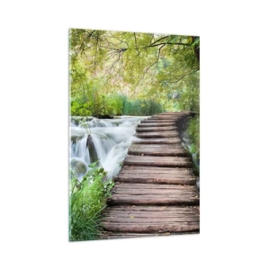 Glasbild - Bild auf glas - Eine Holzbrücke über einen Wasserfall, umgeben von üppigem grünen Wald. - 80x120cm - Das Wasser ist überhaupt nicht ruhig - Moderne Wanddekoration für Wohnzimmer und Schlafzimmer ARTTOR