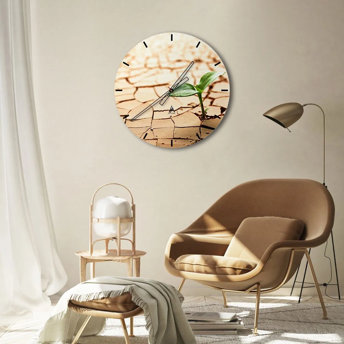 Wanduhr - Glasuhr - Ein grüner Spross, der aus trockener Erde wächst - 30x30cm - Die unbezähmbare Kraft des Lebens - Moderne Wanddekoration für Wohnzimmer, Küche und Schlafzimmer ARTTOR