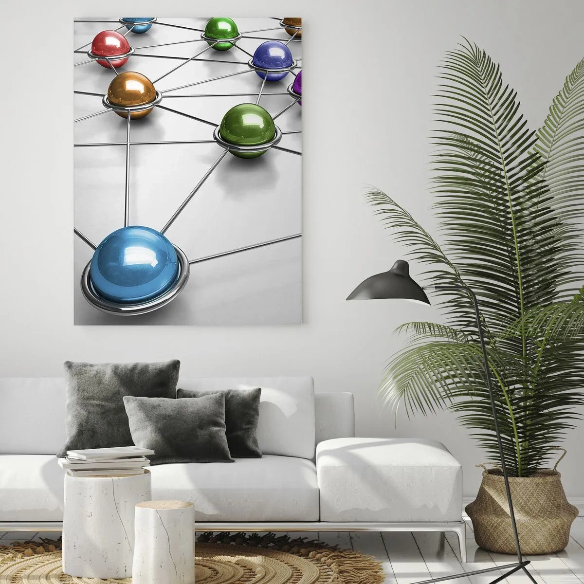Glasbild - Bild auf glas - Bunte Kugeln, die durch Linien auf hellem Hintergrund verbunden sind - 50x70cm - Kosmisches Spinnennetz - Moderne Wanddekoration für Wohnzimmer und Schlafzimmer ARTTOR