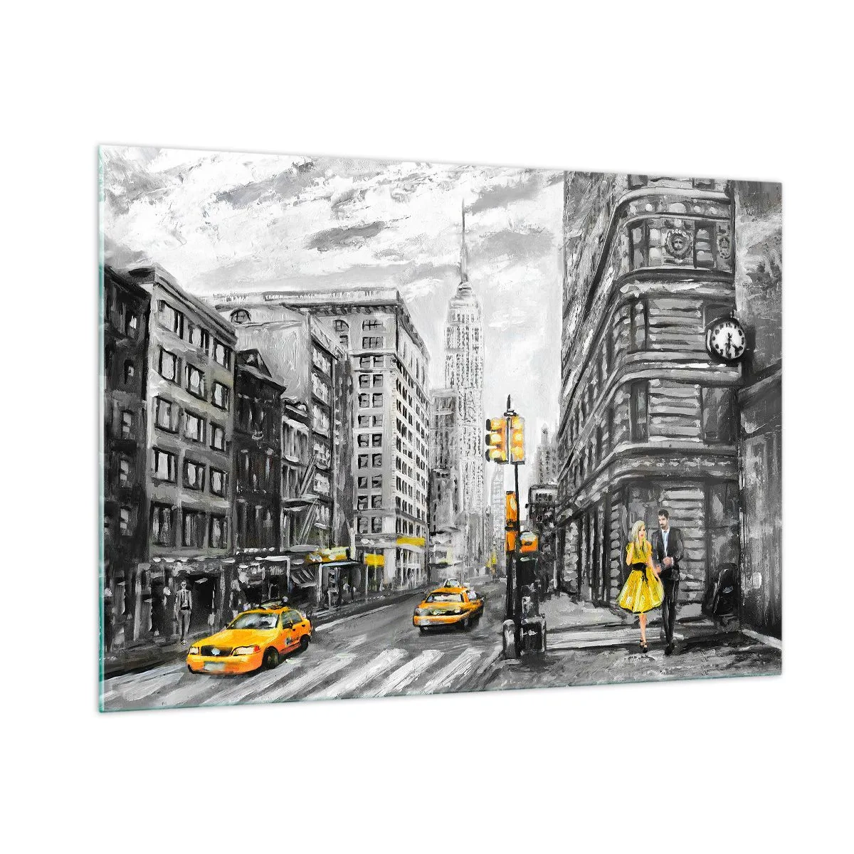 Glasbild - Bild auf glas - Eine Illustration von New York City in Schwarz-Weiß-Tönen mit gelben Akzenten. - 100x70cm - Eine New Yorker Geschichte - Moderne Wanddekoration für Wohnzimmer und Schlafzimmer ARTTOR