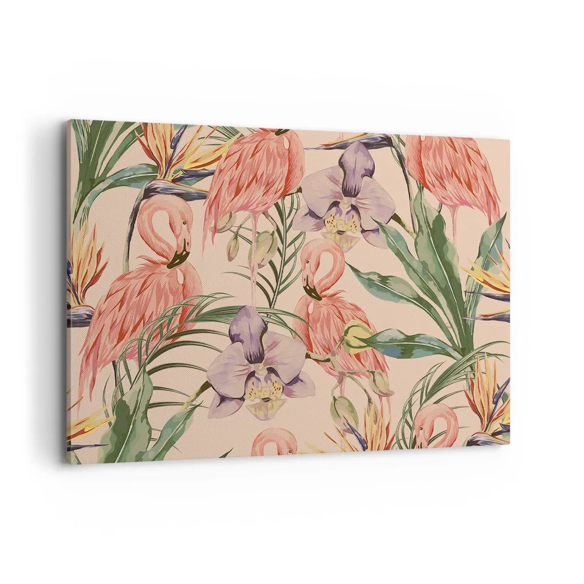 Bild auf Leinwand - Leinwandbild - Flamingos und tropische Blumen auf hellem Hintergrund - 120x80cm - Rosa Ballett in Blumen - Moderne Wanddekoration für Wohnzimmer und Schlafzimmer ARTTOR
