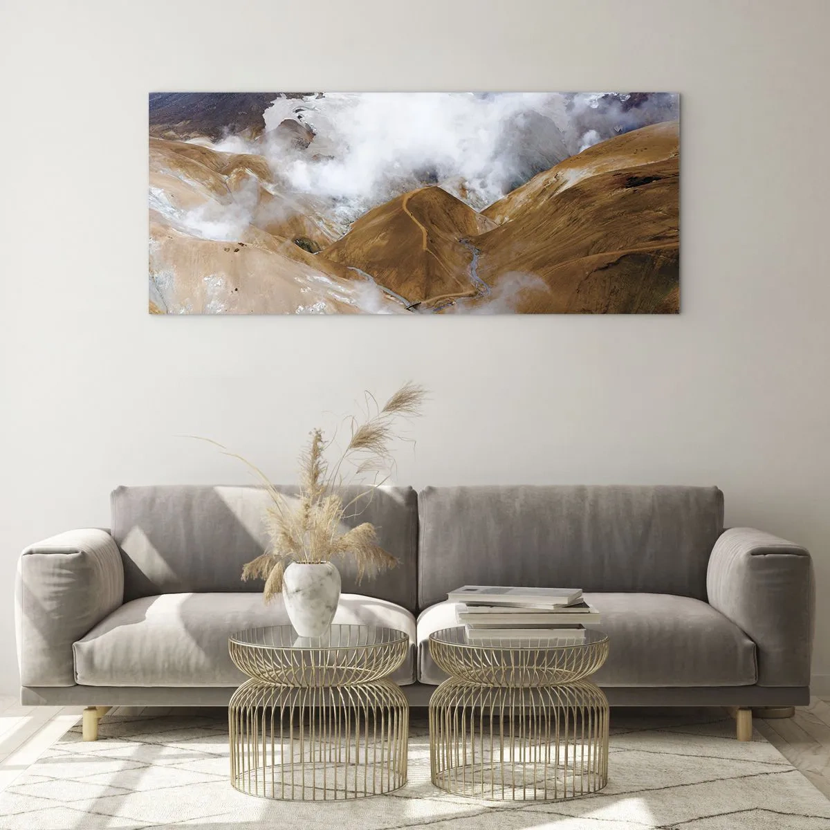Glasbild - Bild auf glas - Eine Berglandschaft mit Dampf in einem rauen Klima - 160x50cm - Islands rohe Schönheit - Moderne Wanddekoration für Wohnzimmer und Schlafzimmer ARTTOR