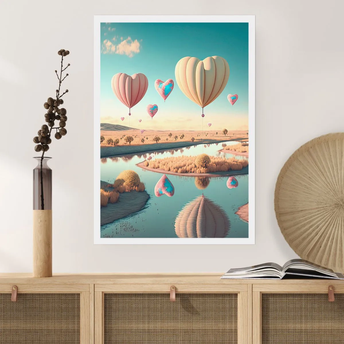 Poster - Herzförmige Ballons schweben über der Landschaft - 50x70cm - Dank Liebe steigt man auf - Moderne Wanddekoration für Wohnzimmer und Schlafzimmer ARTTOR