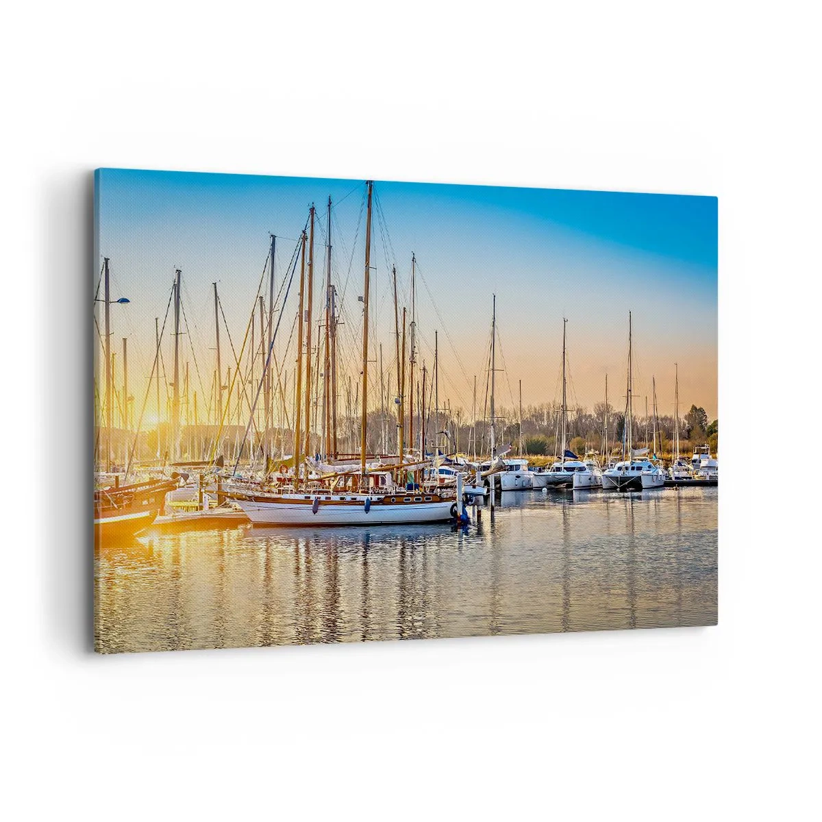 Bild auf Leinwand - Leinwandbild - Sonnenuntergang über einem Yachthafen voller Segelboote - 120x80cm - Der Wind muss auch schlafen - Moderne Wanddekoration für Wohnzimmer und Schlafzimmer ARTTOR