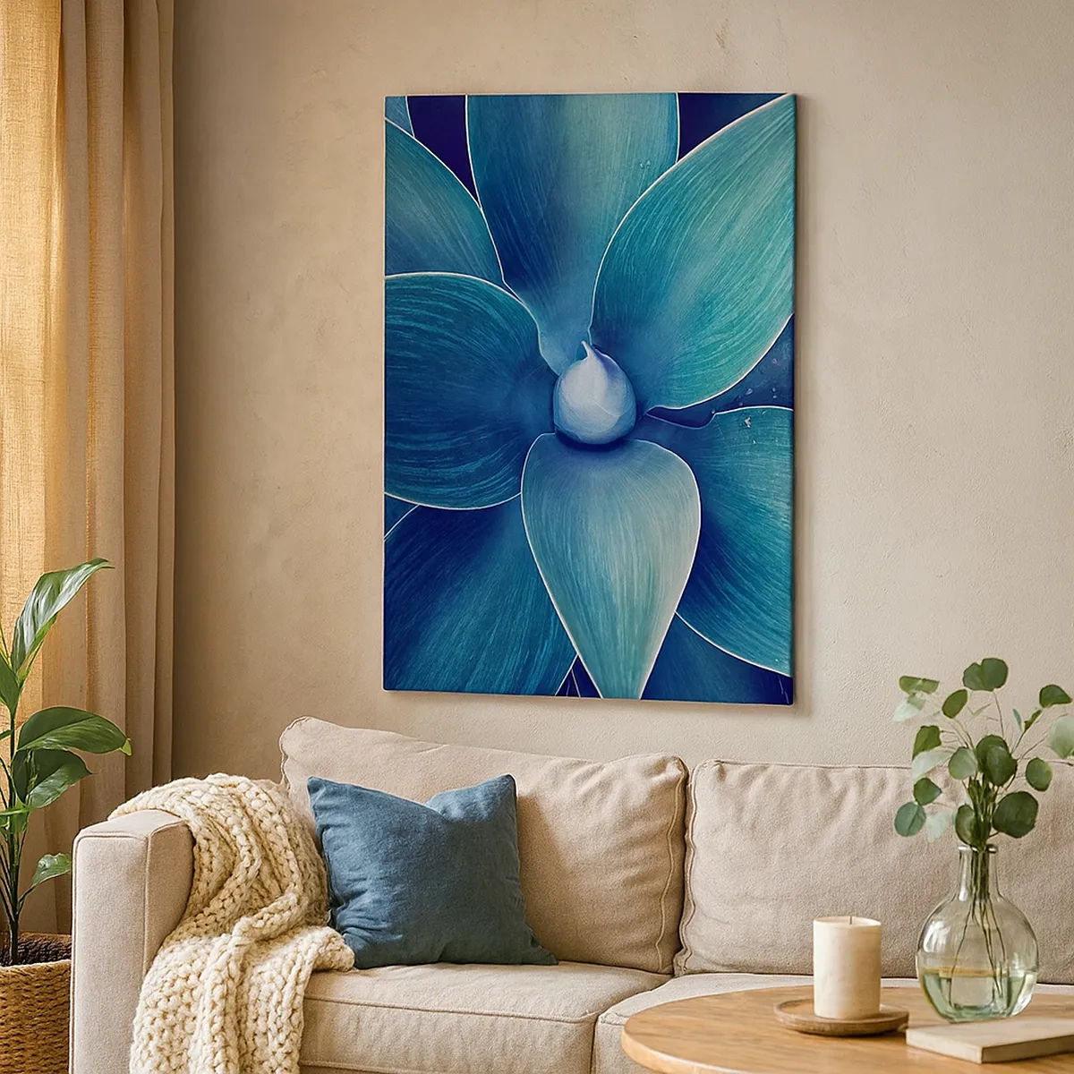 Bild auf Leinwand - Leinwandbild - Nahaufnahme einer abstrakten Blume in Blautönen - 50x70cm - Bläulich vom Himmel - Moderne Wanddekoration für Wohnzimmer und Schlafzimmer ARTTOR
