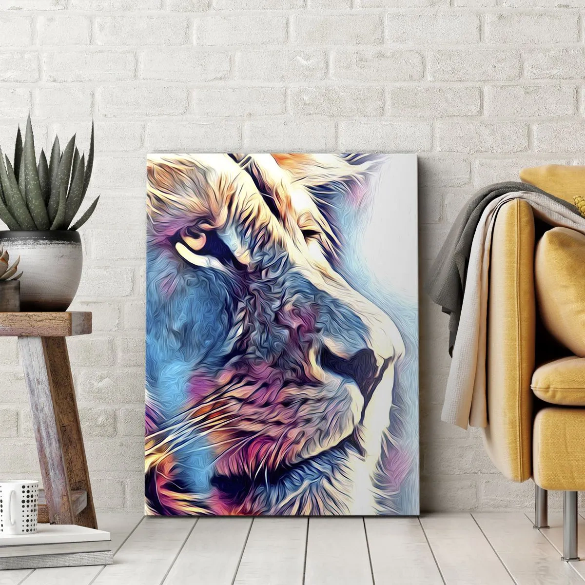 Bild auf Leinwand - Leinwandbild - Porträt eines Löwen in lebendigen, abstrakten Farben - 50x70cm - Die Weisheit der Natur - Moderne Wanddekoration für Wohnzimmer und Schlafzimmer ARTTOR