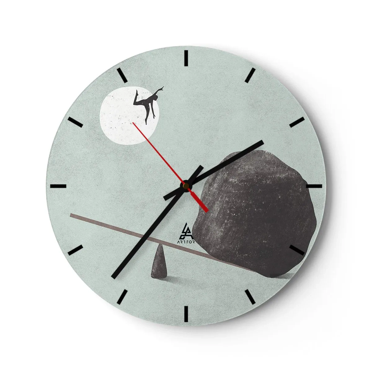 Wanduhr - Glasuhr - Eine Figur wird von einem Stein von einer Wippe in Richtung Mond katapultiert. - 30x30cm - Erfüllte Träume - Moderne Wanddekoration für Wohnzimmer, Küche und Schlafzimmer ARTTOR