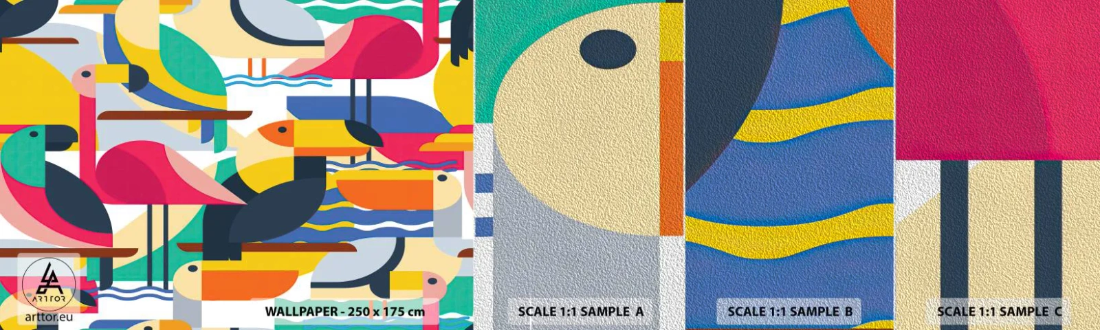 Fototapeten Muster Premium Sand - Vogelparty - Abstraktion, Pelikan, Stück - 100x30 cm