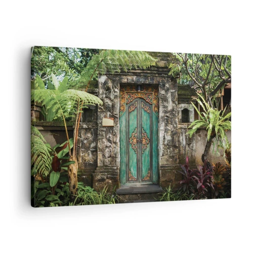 Bild auf Leinwand - Leinwandbild - Dekorative Türen, umgeben von tropischer Vegetation - 70x50cm - Eine Tür zu einer exotischen Welt - Moderne Wanddekoration für Wohnzimmer und Schlafzimmer ARTTOR