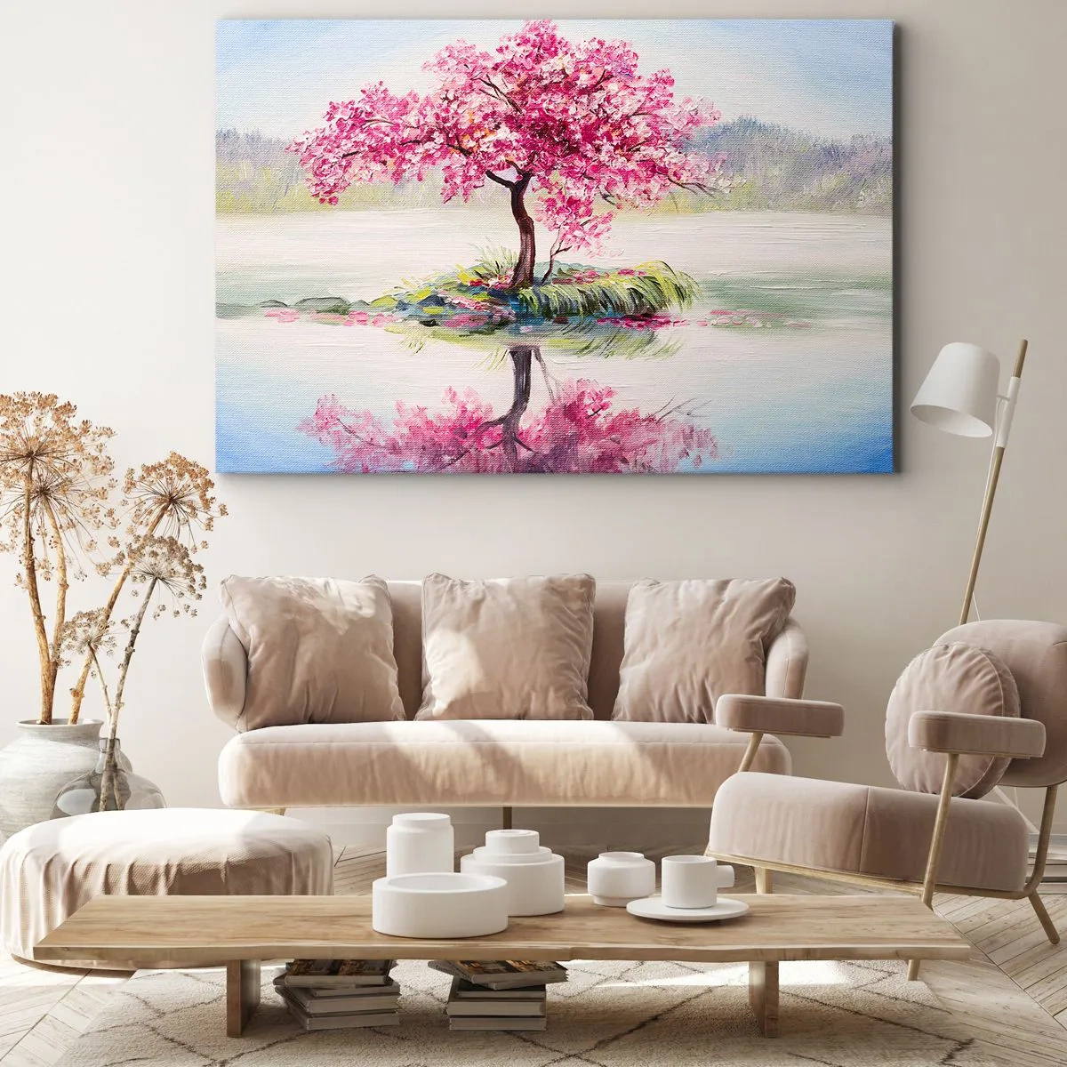 Bild auf Leinwand - Leinwandbild - Ein blühender Baum auf stillem Wasser - 100x70cm - Der Ritus des Frühlings - Moderne Wanddekoration für Wohnzimmer und Schlafzimmer ARTTOR