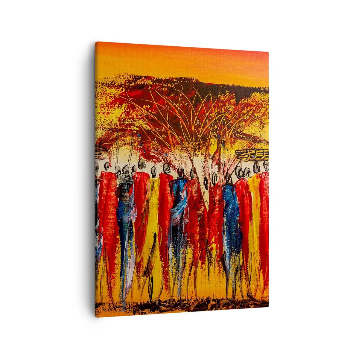 Bild auf Leinwand - Leinwandbild - Eine farbenfrohe Szene mit afrikanischen Figuren vor dem Hintergrund der untergehenden Sonne. - 50x70cm - Dort, dort, dort gehen sie - Moderne Wanddekoration für Wohnzimmer und Schlafzimmer ARTTOR