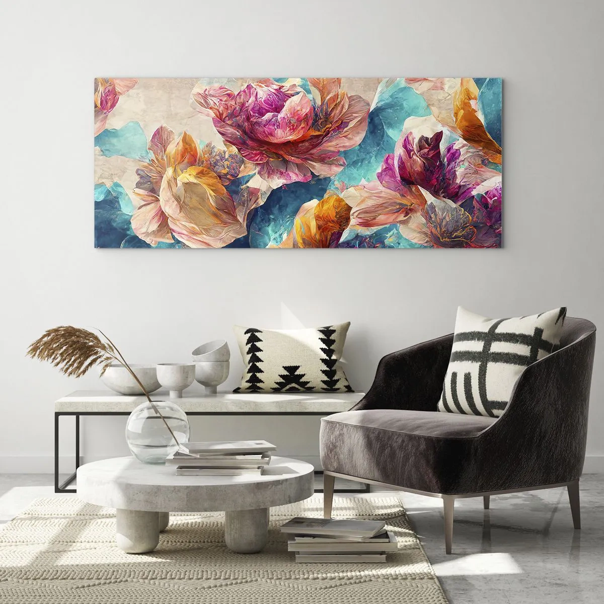 Glasbild - Bild auf glas - Bunte Blumen auf beigem Hintergrund - 140x50cm - Farbenpracht des Straußes - Moderne Wanddekoration für Wohnzimmer und Schlafzimmer ARTTOR