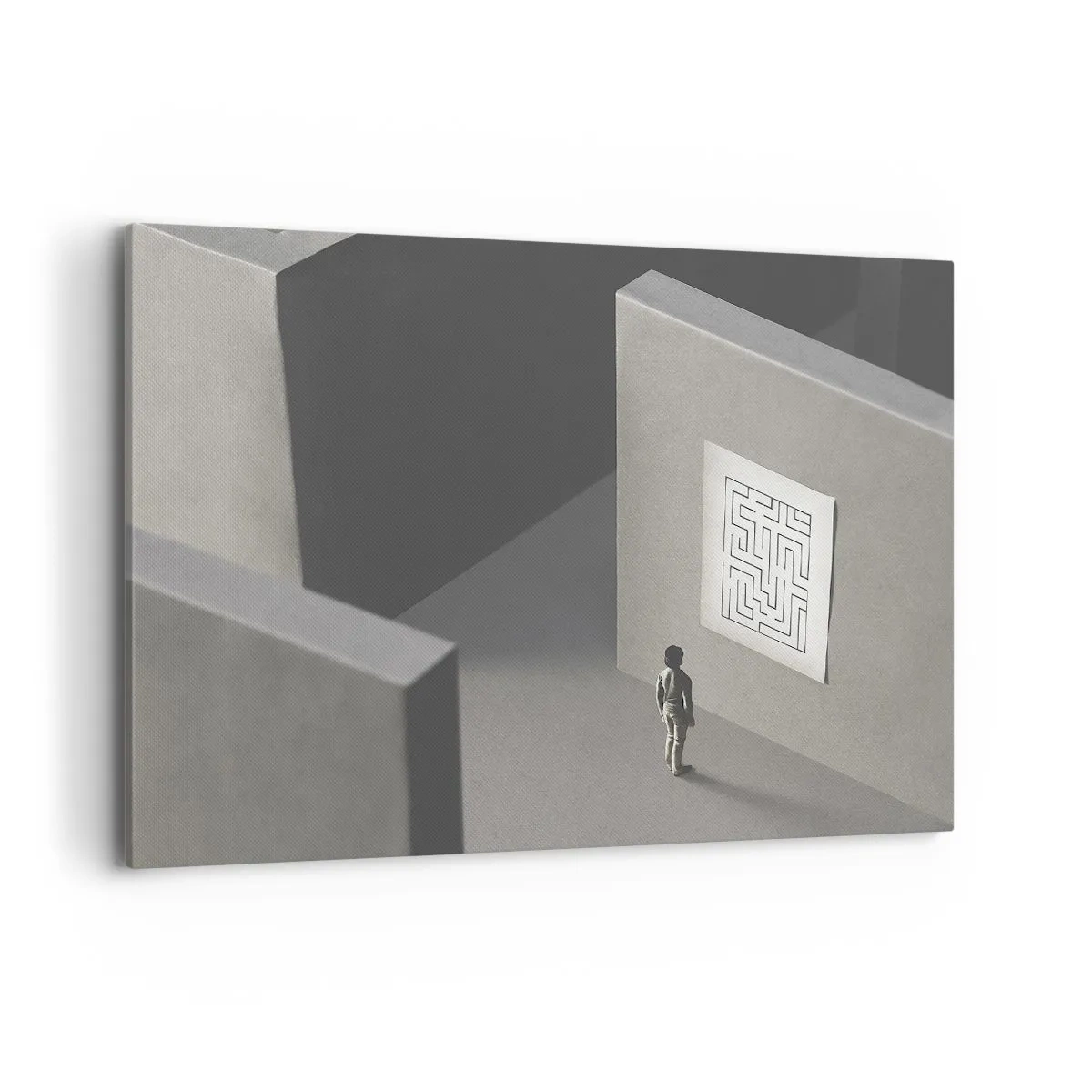Bild auf Leinwand - Leinwandbild - Eine Figur in einem Labyrinth, die auf eine hängende Karte schaut - 100x70cm - Aber wo bin ich? - Moderne Wanddekoration für Wohnzimmer und Schlafzimmer ARTTOR