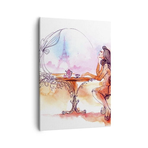 Bild auf Leinwand - Leinwandbild - Romantisches Aquarell einer Frau in einem Café mit Blick auf einen Turm - 50x70cm - Pariser Chic - Moderne Wanddekoration für Wohnzimmer und Schlafzimmer ARTTOR