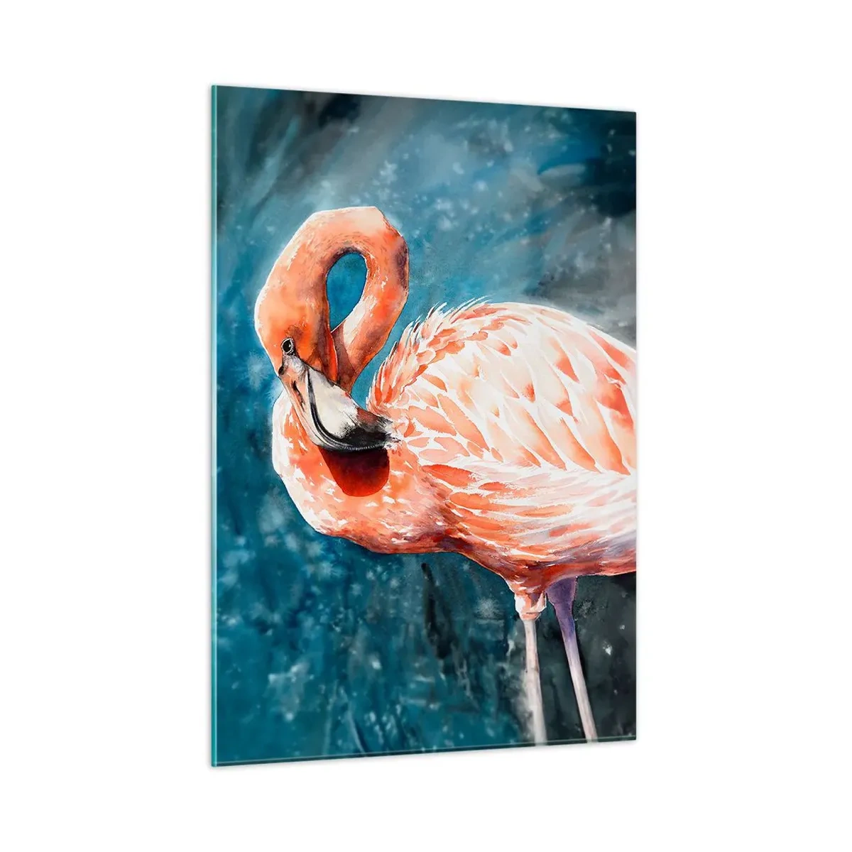 Glasbild - Bild auf glas - Ein rosa Flamingo vor einem blauen Aquarellhintergrund - 50x70cm - Von Natur aus dekorativ - Moderne Wanddekoration für Wohnzimmer und Schlafzimmer ARTTOR