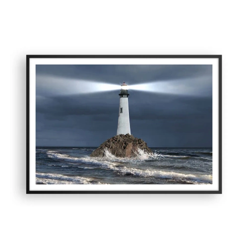 Poster in einem schwarzem Rahmen - Ein Leuchtturm auf einem Felsen, umgeben von stürmischer See - 100x70cm - Hier... hier... hier! - Moderne Wanddekoration für Wohnzimmer und Schlafzimmer ARTTOR