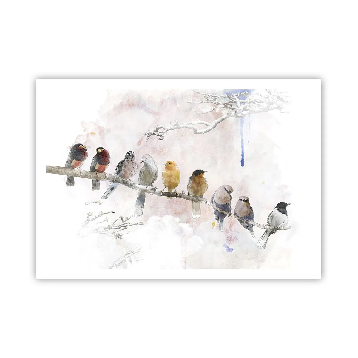 Poster - Bunte Vögel auf einem Ast im Aquarellstil - 100x70cm - Geflügeltes Treffen - Moderne Wanddekoration für Wohnzimmer und Schlafzimmer ARTTOR