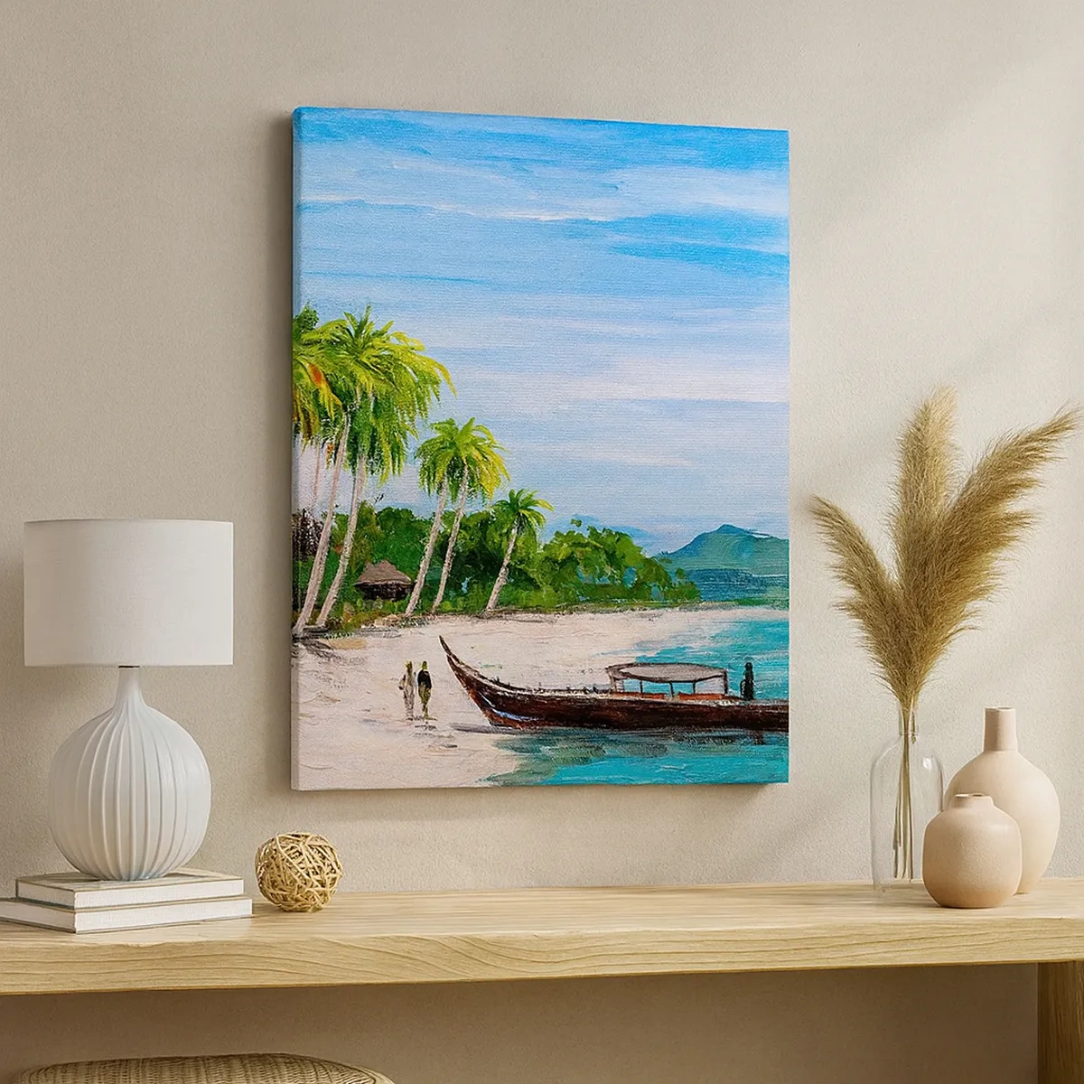 Bild auf Leinwand - Leinwandbild - Ein exotischer Strand mit Palmen und einem Boot am Ufer - 50x70cm - Exotischer Traum - Moderne Wanddekoration für Wohnzimmer und Schlafzimmer ARTTOR