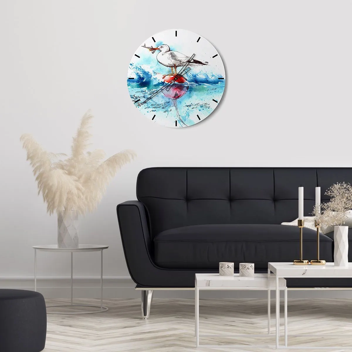 Wanduhr - Glasuhr - Eine Möwe mit einem Fisch auf einer Boje zwischen den Wellen, dargestellt im Aquarellstil - 30x30cm - Erfolgreicher Fang - Moderne Wanddekoration für Wohnzimmer, Küche und Schlafzimmer ARTTOR