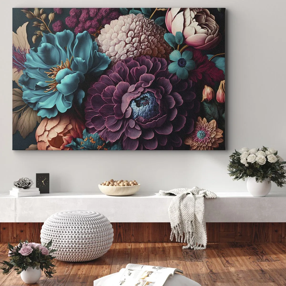 Bild auf Leinwand - Leinwandbild - Ein Blumenstrauß in intensiven Farben auf dunklem Hintergrund - 100x70cm - Natur in Hülle und Fülle - Moderne Wanddekoration für Wohnzimmer und Schlafzimmer ARTTOR