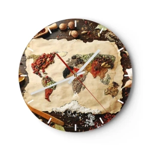 Wanduhr - Glasuhr - Weltkarte aus Gewürzen auf einem hölzernen Hintergrund - 30x30cm - Alle Aromen der Welt - Moderne Wanddekoration für Wohnzimmer, Küche und Schlafzimmer ARTTOR