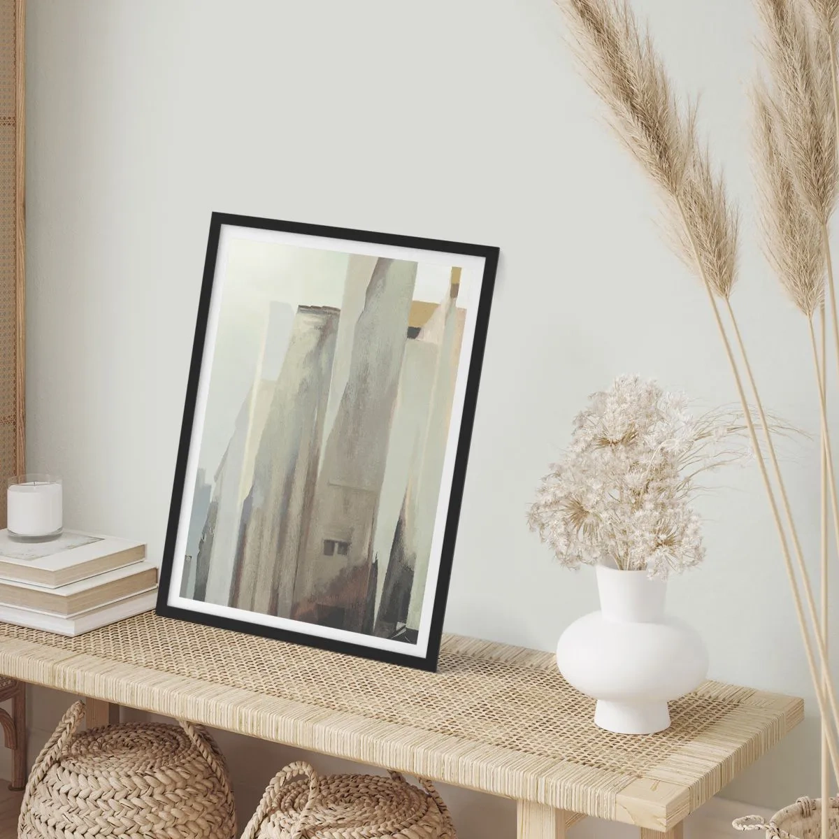 Poster in einem schwarzem Rahmen - Abstrakte Architektur in gedämpften Farben - 50x70cm - Traum von der Stadt - Moderne Wanddekoration für Wohnzimmer und Schlafzimmer ARTTOR