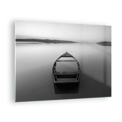 Glasbild - Bild auf glas - Ein altes Boot auf einer ruhigen Wasseroberfläche in Schwarz und Weiß - 70x50cm - Sehnsucht und Melancholie - Moderne Wanddekoration für Wohnzimmer und Schlafzimmer ARTTOR